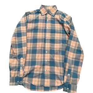 Sunswell Shirt Men's Small Blue Peach Plaid Long Sleeve Nylon Button Down Shirt